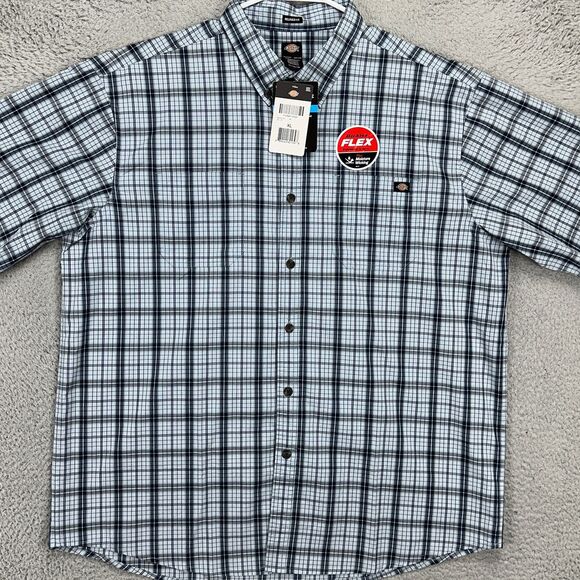 Dickies Button Down Shirt Mens XL Blue Gray Plaid Relaxed Fit Short Sleeve NEW